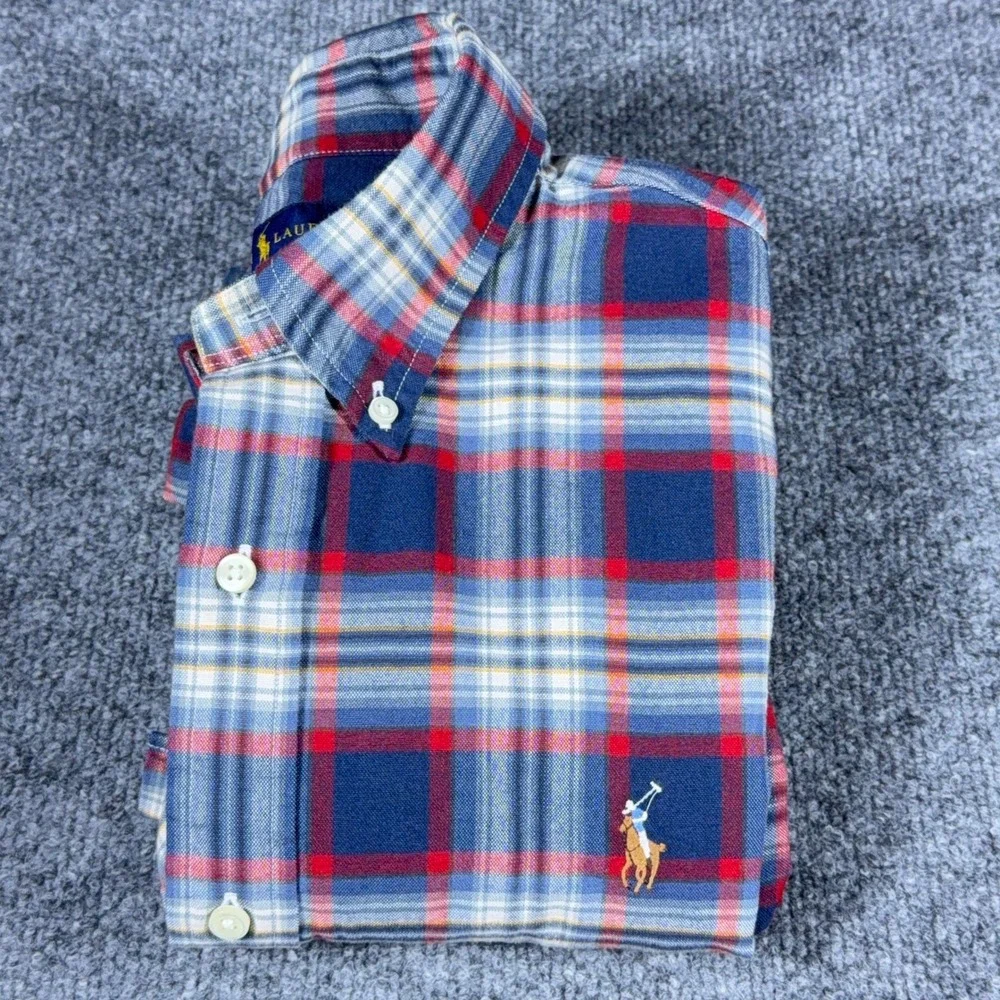 Polo Ralph Lauren Mens Plaid Button Down Shirt Red White Blue Cotton Large